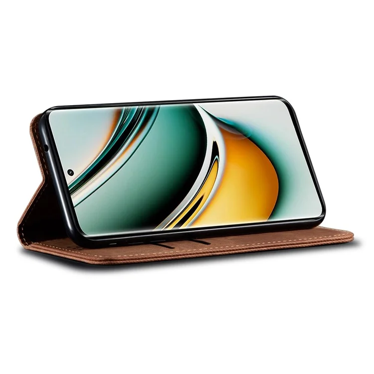 Para Realme 11x 5G / 11 5G (Global) Jeans Cloth Texture Phone Stand Cover PU Leather Wallet Case - Coffee