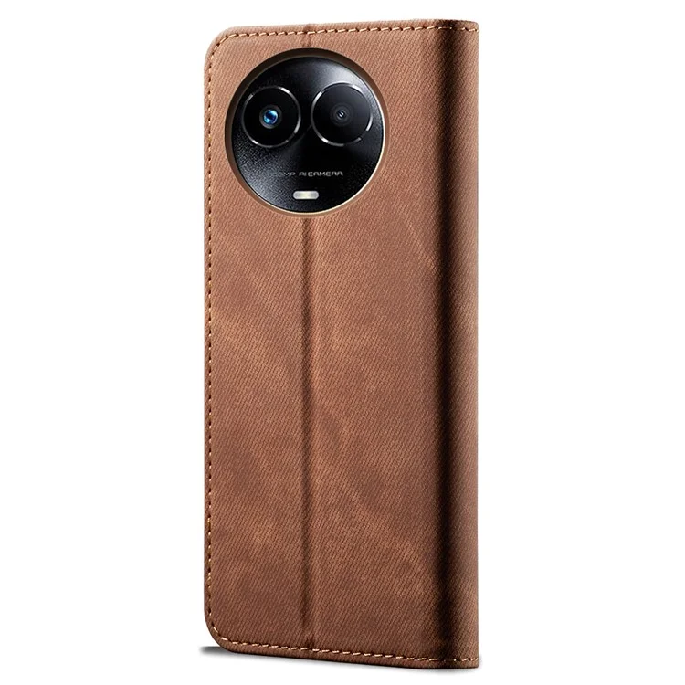 Para Realme 11x 5G / 11 5G (Global) Jeans Cloth Texture Phone Stand Cover PU Leather Wallet Case - Coffee