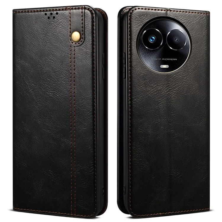 Pour Realme 11x 5G / 11 5G (Global) Waxy Crazy Horse Texture Stand Wallet Case PU Leather Phone Cover - Black