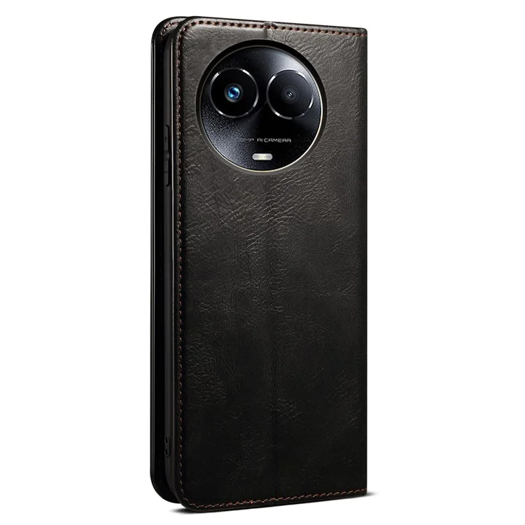 Pour Realme 11x 5G / 11 5G (Global) Waxy Crazy Horse Texture Stand Wallet Case PU Leather Phone Cover - Black