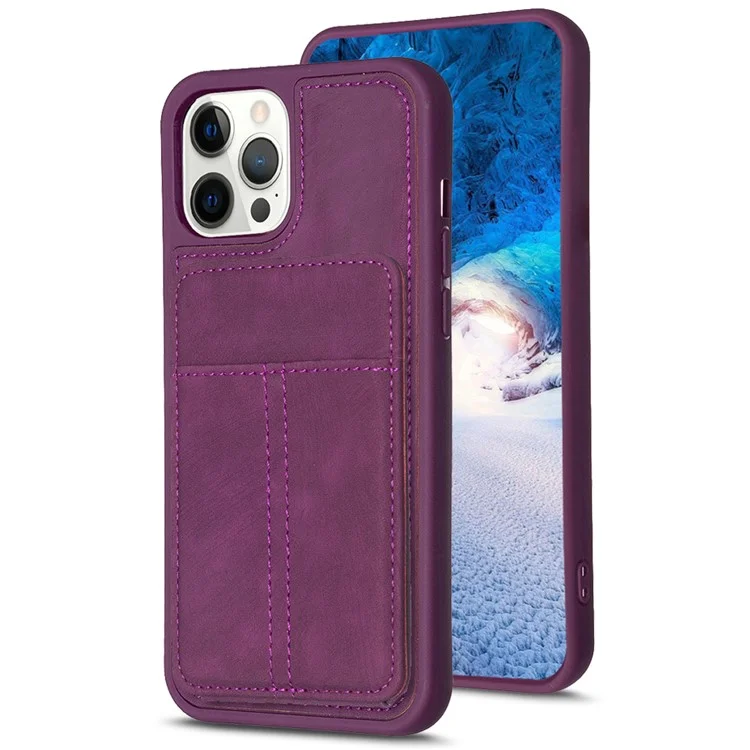 For iPhone 15 Plus Card Holder Design Phone Case Stand Anti-scratch PU Leather+TPU Mobile Cover - Dark Purple