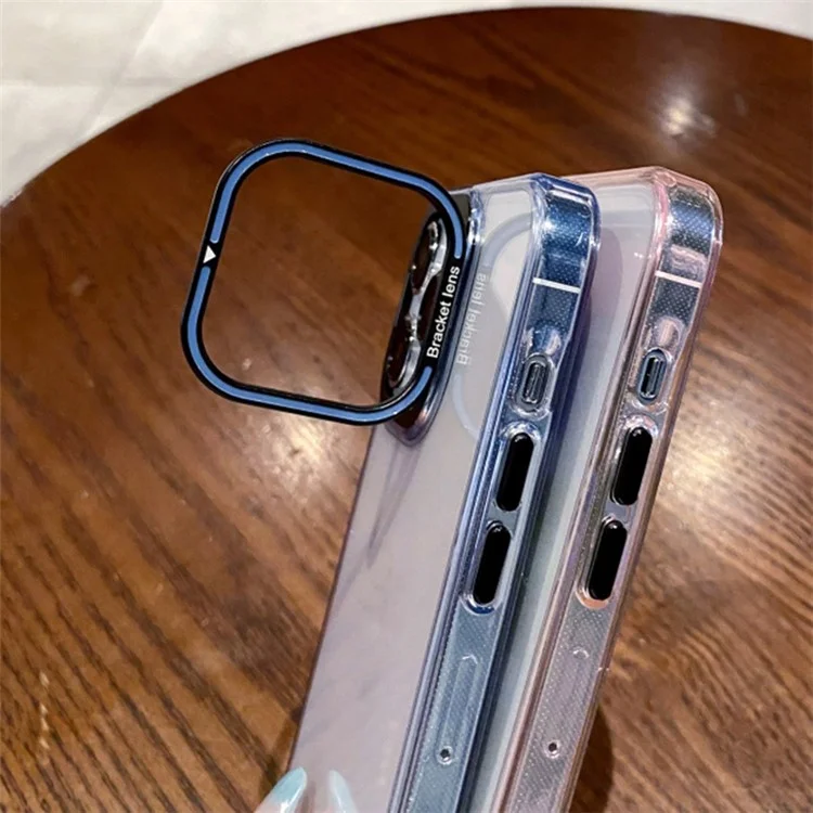 Transparent TPU Phone Case for iPhone 15 Pro Electroplating Mobile Back Cover with Lens Frame Kickstand - Blue