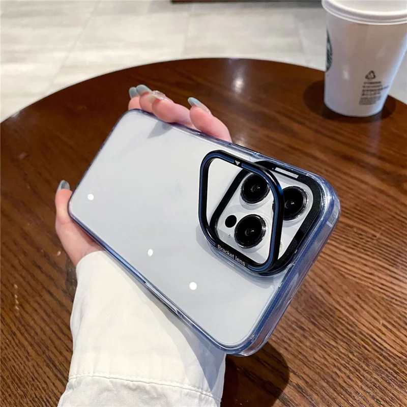 For iPhone 15 Plus Soft Clear TPU Phone Case Electroplating Mobile Phone Cover Lens Frame Kickstand - Blue