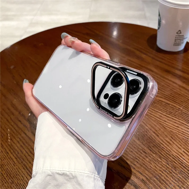 For iPhone 15 Plus Soft Clear TPU Phone Case Electroplating Mobile Phone Cover Lens Frame Kickstand - Pink