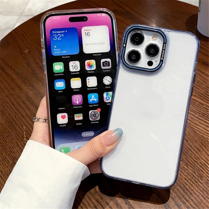 For iPhone 15 Plus Soft Clear TPU Phone Case Electroplating Mobile Phone Cover Lens Frame Kickstand - Pink