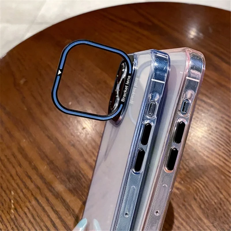 For iPhone 15 Plus Soft Clear TPU Phone Case Electroplating Mobile Phone Cover Lens Frame Kickstand - Pink
