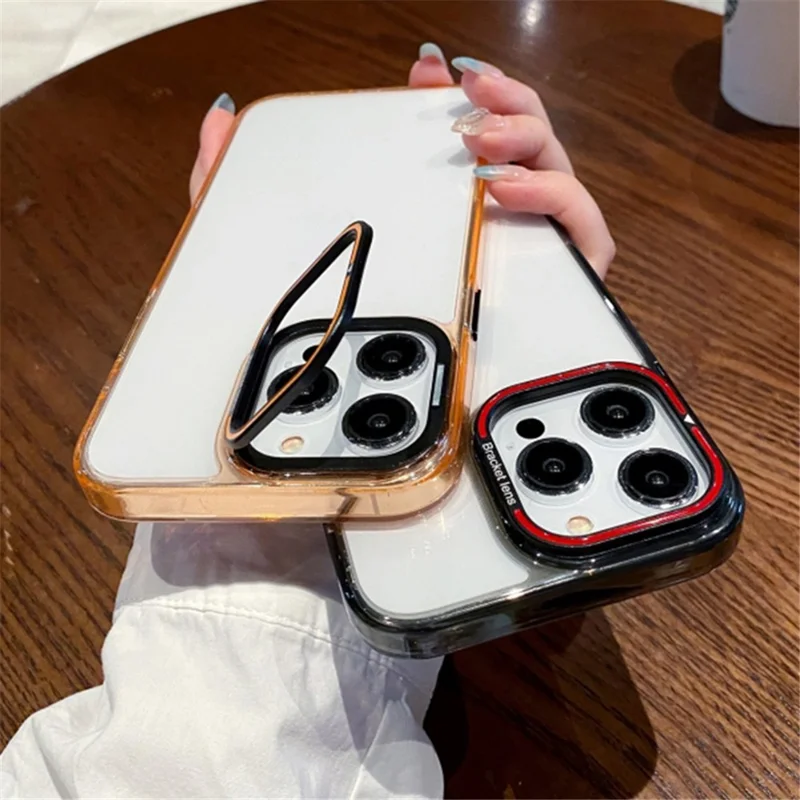 For iPhone 15 Plus Soft Clear TPU Phone Case Electroplating Mobile Phone Cover Lens Frame Kickstand - Pink