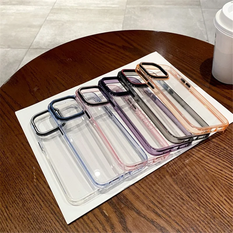 For iPhone 15 Plus Soft Clear TPU Phone Case Electroplating Mobile Phone Cover Lens Frame Kickstand - Pink