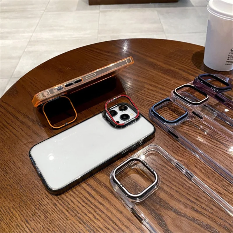 For iPhone 15 Plus Soft Clear TPU Phone Case Electroplating Mobile Phone Cover Lens Frame Kickstand - Pink