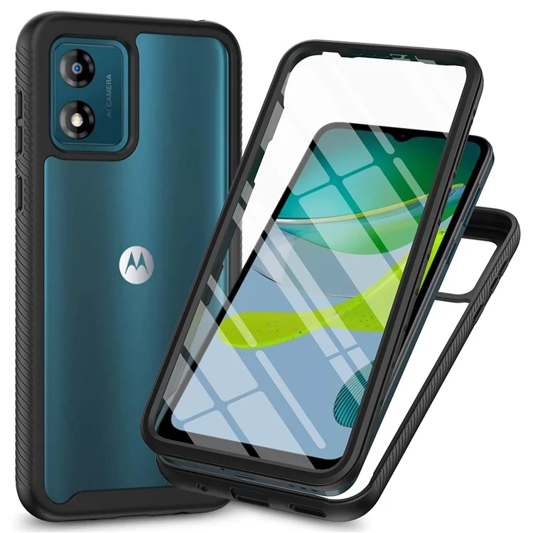 For Motorola Moto E13 4G 3-in-1 Full Protection Phone Case TPU+PC Back Cover with PET Screen Film - Black