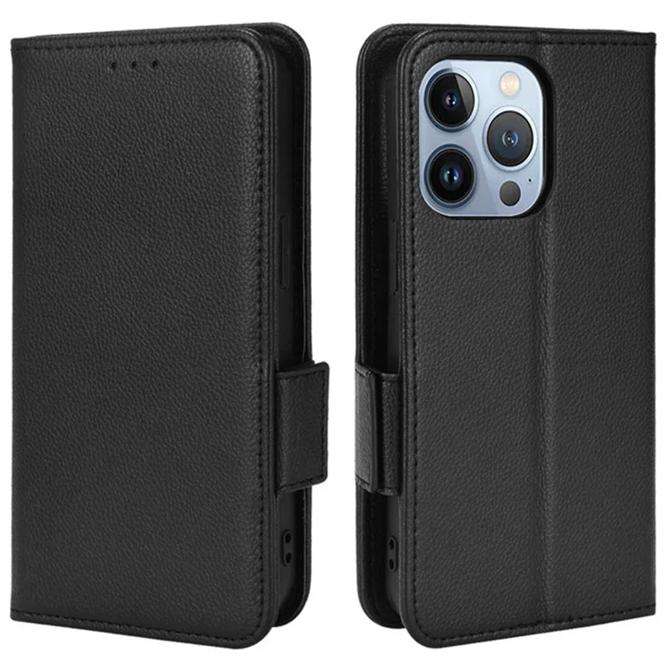 Per iPhone 15 Plus Scratch Proof PU Leather Phone Case Litchi Texture Stand Wallet Phone Cover - Nero