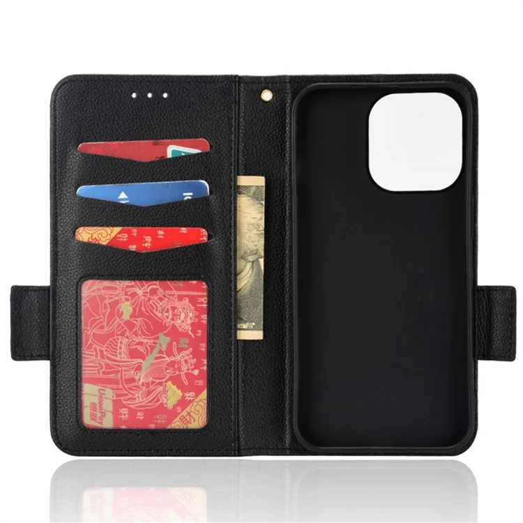 Per iPhone 15 Plus Scratch Proof PU Leather Phone Case Litchi Texture Stand Wallet Phone Cover - Nero