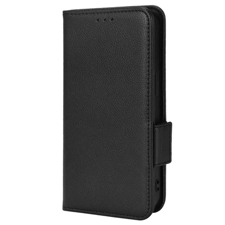 Per iPhone 15 Plus Scratch Proof PU Leather Phone Case Litchi Texture Stand Wallet Phone Cover - Nero