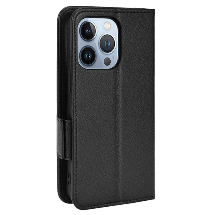 Per iPhone 15 Plus Scratch Proof PU Leather Phone Case Litchi Texture Stand Wallet Phone Cover - Nero