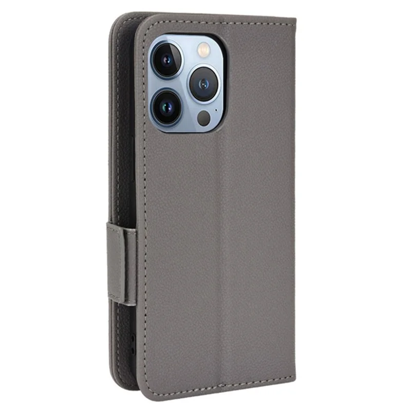 For iPhone 15 Pro Folio Flip PU Leather Phone Case Litchi Texture Stand Wallet Phone Cover - Grey