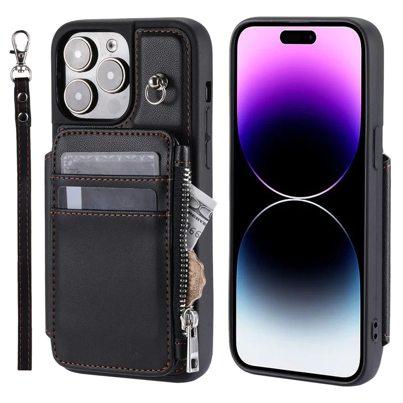 Para iPhone 15 Pro Zipper Wallet PU Leather+TPU Phone Case RFID Blocking Phone Shell with Wrist Strap - Negro