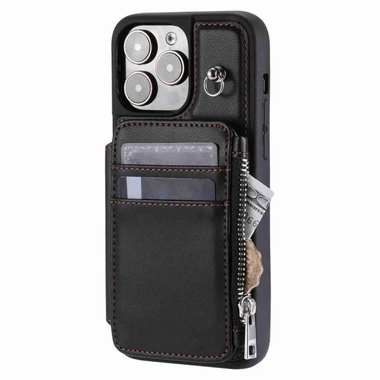 Para iPhone 15 Pro Zipper Wallet PU Leather+TPU Phone Case RFID Blocking Phone Shell with Wrist Strap - Negro