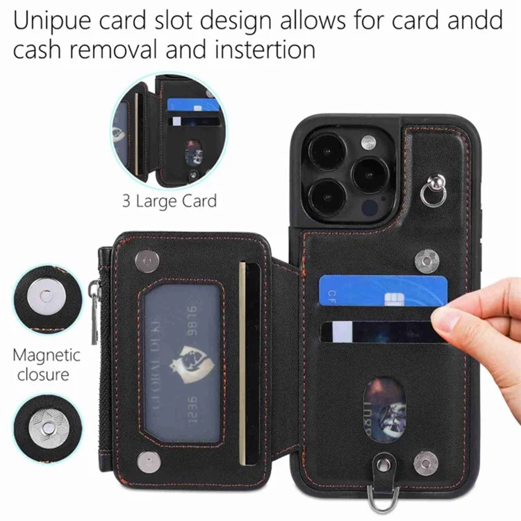 Para iPhone 15 Pro Zipper Wallet PU Leather+TPU Phone Case RFID Blocking Phone Shell with Wrist Strap - Negro