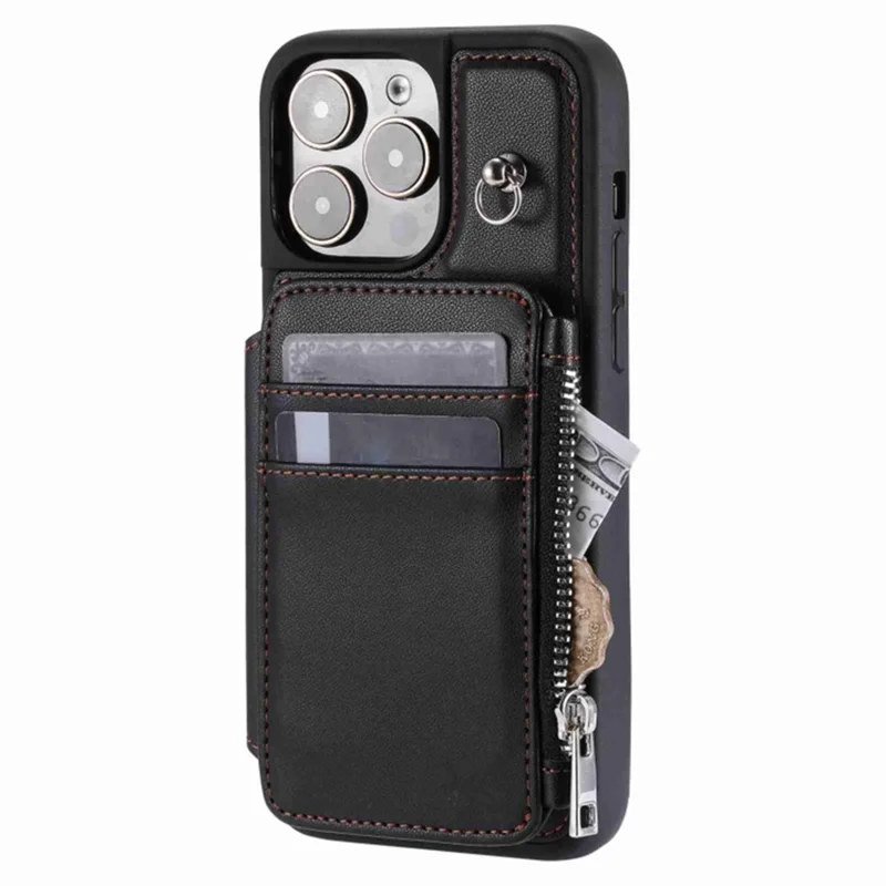 For iPhone 15 Plus Drop-proof PU Leather+TPU Phone Case RFID Blocking Wallet Cover with Wrist Strap - Black
