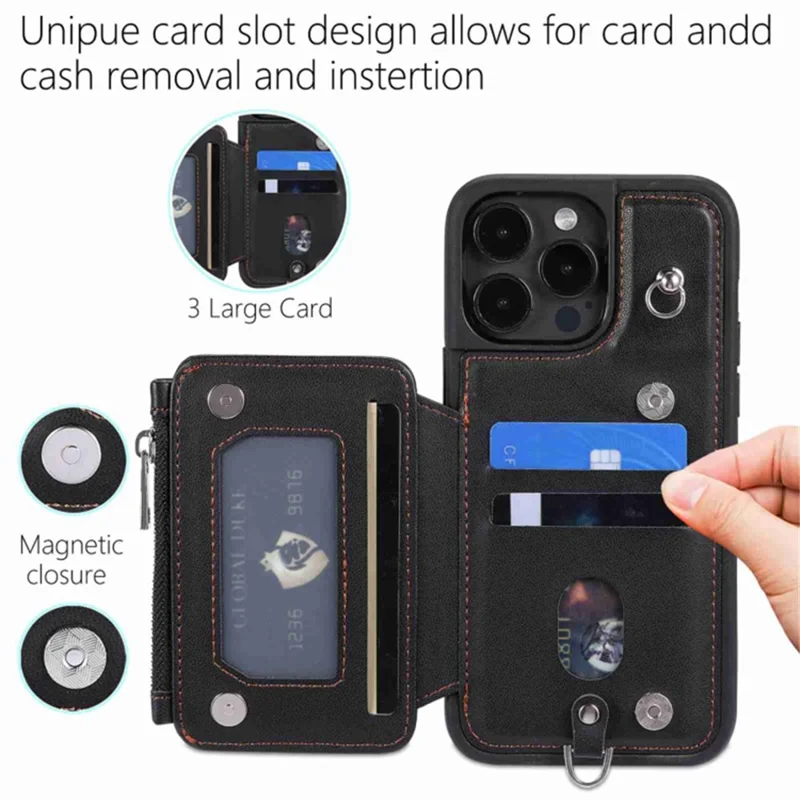 For iPhone 15 Plus Drop-proof PU Leather+TPU Phone Case RFID Blocking Wallet Cover with Wrist Strap - Black
