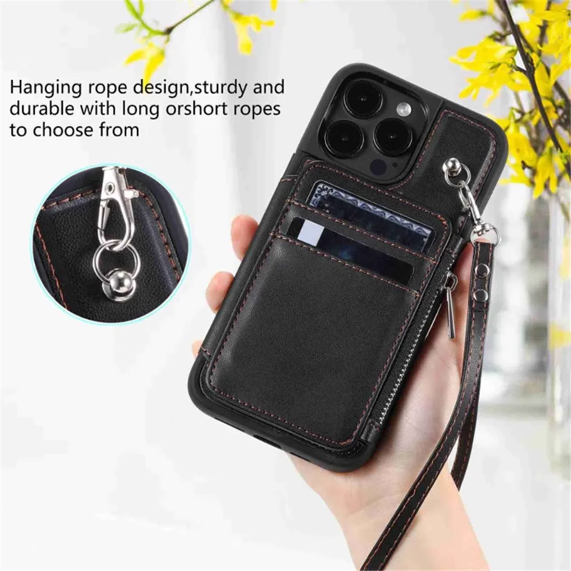 For iPhone 15 Plus Drop-proof PU Leather+TPU Phone Case RFID Blocking Wallet Cover with Wrist Strap - Black