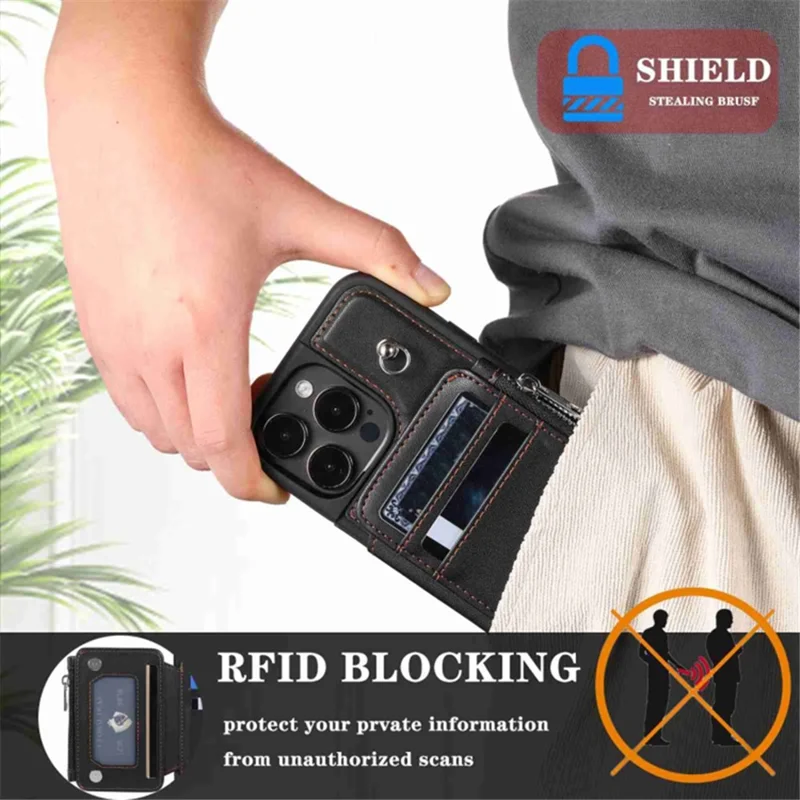 For iPhone 15 Plus Drop-proof PU Leather+TPU Phone Case RFID Blocking Wallet Cover with Wrist Strap - Black