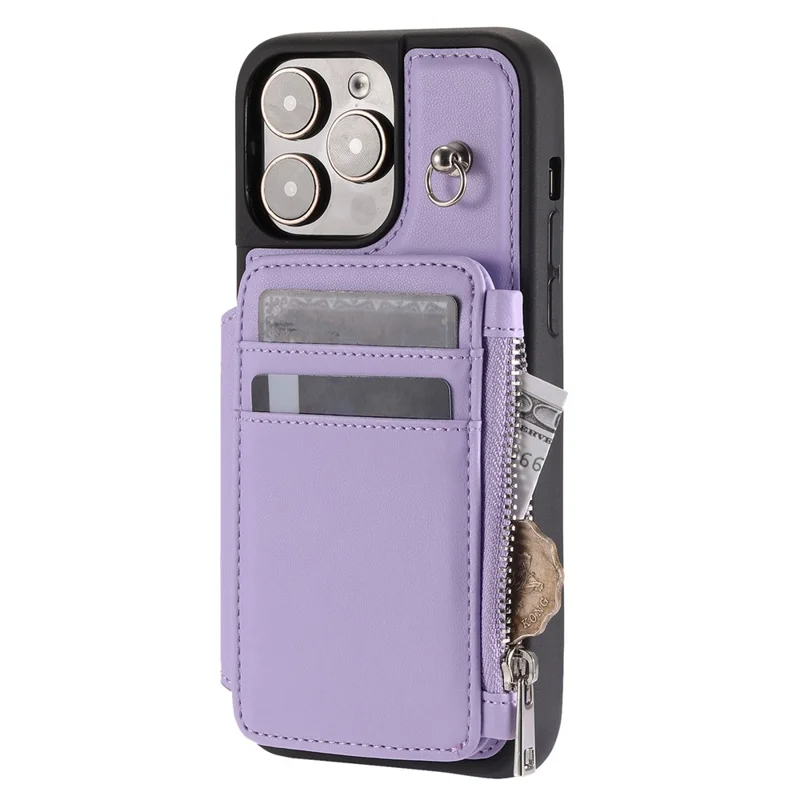 For iPhone 15 Plus Drop-proof PU Leather+TPU Phone Case RFID Blocking Wallet Cover with Wrist Strap - Purple