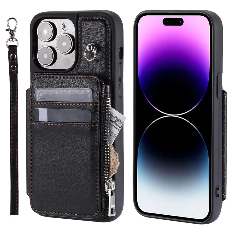 Per iPhone 15 Pro Max RFID Blocking Wallet Phone Case Shockproof PU Leather+TPU Cover con Cinturino da Polso - Nero