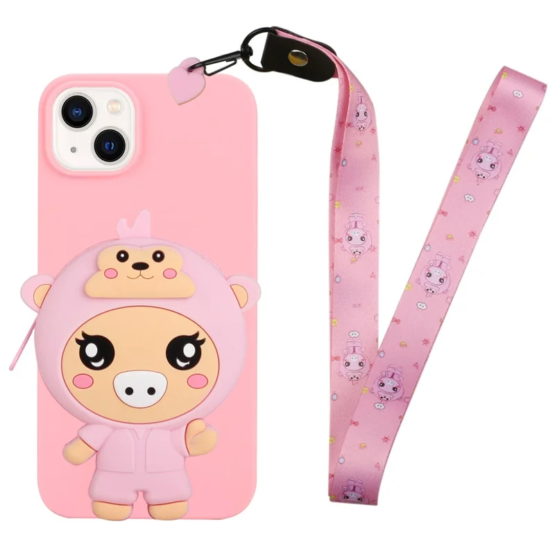 For iPhone 15 Cartoon Animal Silicone Zipper Wallet TPU Phone Cover with Long Lanyard - Pink Pig