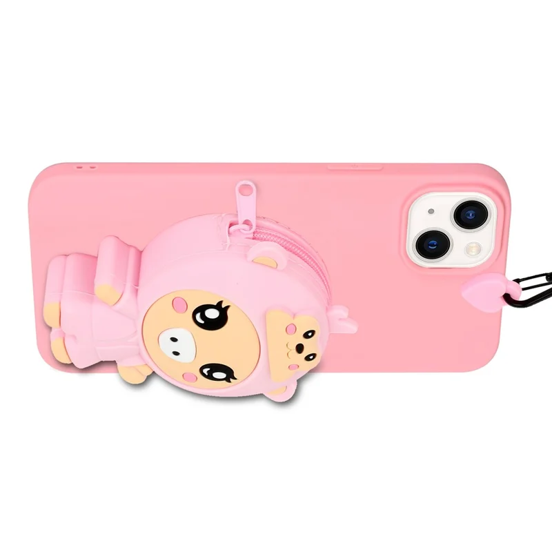 For iPhone 15 Cartoon Animal Silicone Zipper Wallet TPU Phone Cover with Long Lanyard - Pink Pig