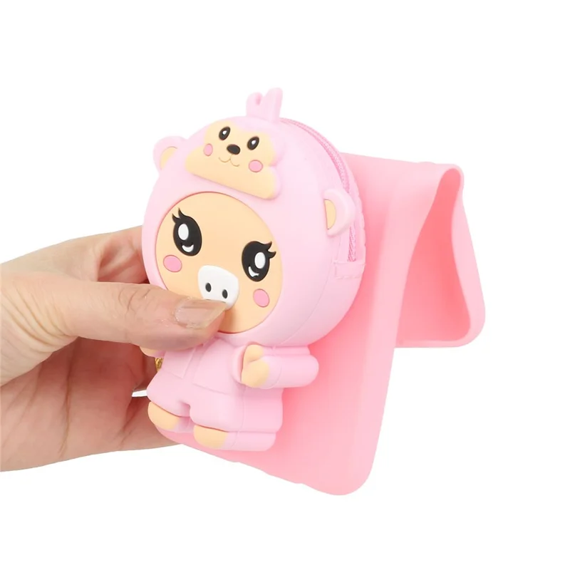 For iPhone 15 Cartoon Animal Silicone Zipper Wallet TPU Phone Cover with Long Lanyard - Pink Pig