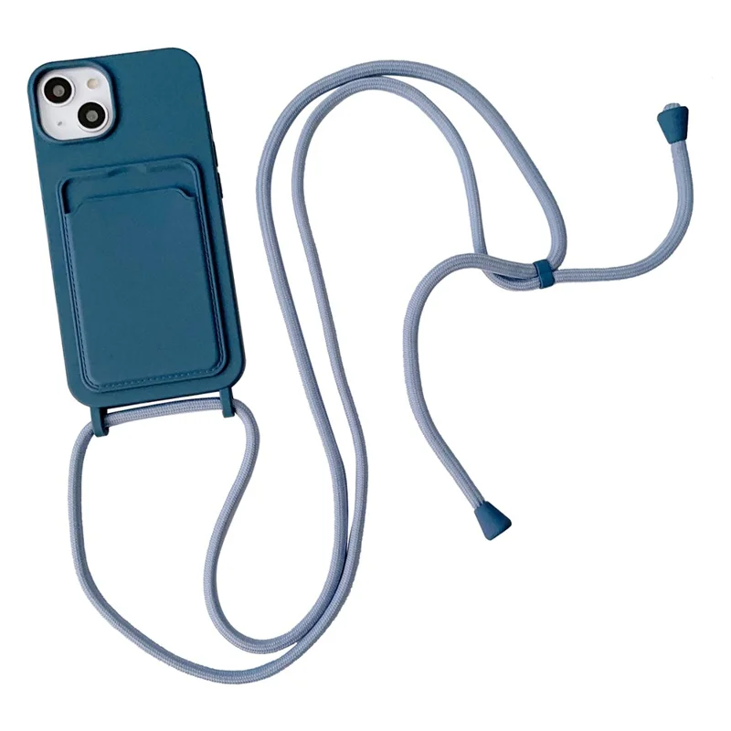 Liquid Silicone Phone Case for iPhone 15 Card Slot Anti-Scratch Cover with Strap - Navy Blue