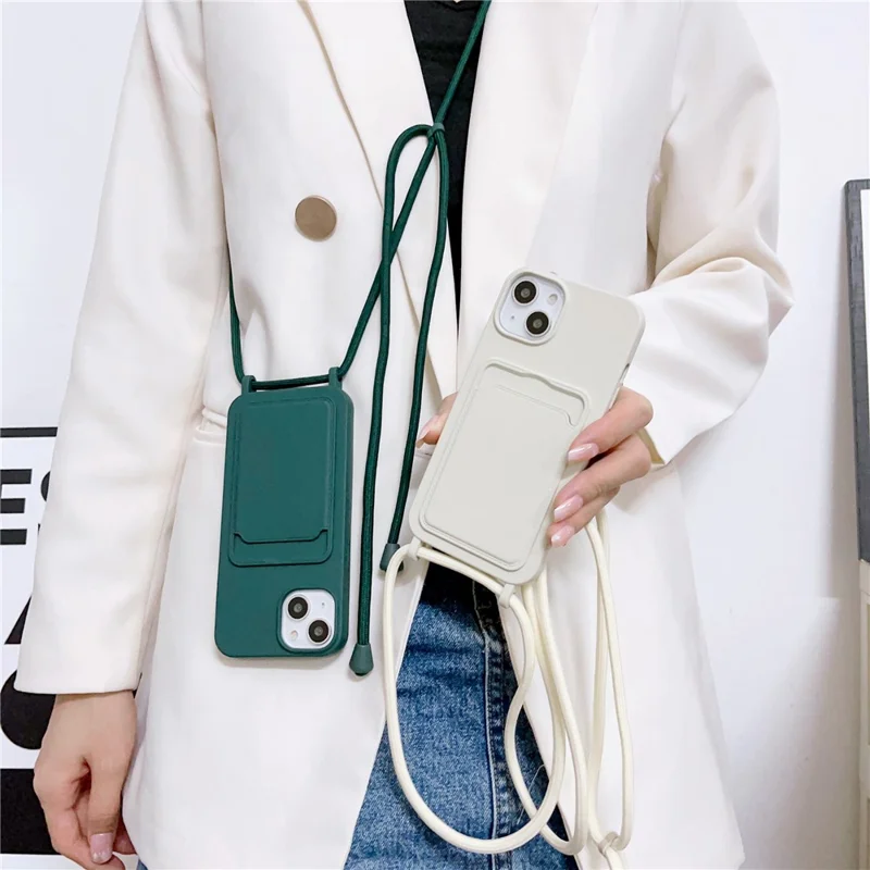 Liquid Silicone Phone Case for iPhone 15 Card Slot Anti-Scratch Cover with Strap - Navy Blue