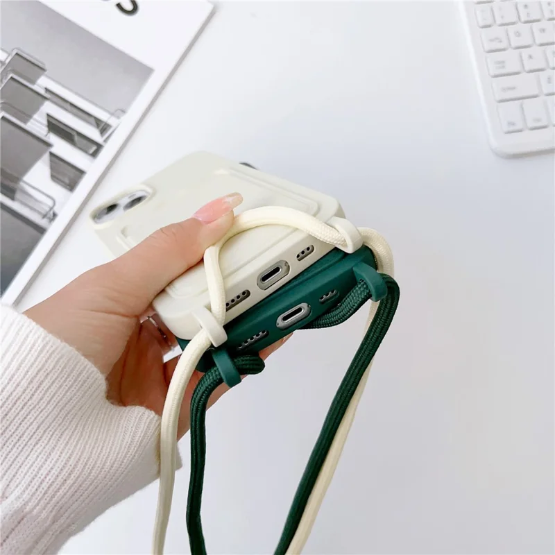 Liquid Silicone Phone Case for iPhone 15 Card Slot Anti-Scratch Cover with Strap - Navy Blue