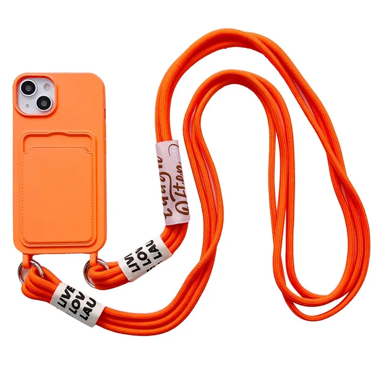 For iPhone 15 Plus Liquid Silicone Phone Case Card Slot Protective Cover with Strap - Orange