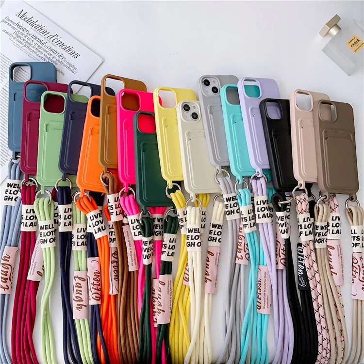 For iPhone 15 Plus Liquid Silicone Phone Case Card Slot Protective Cover with Strap - Orange