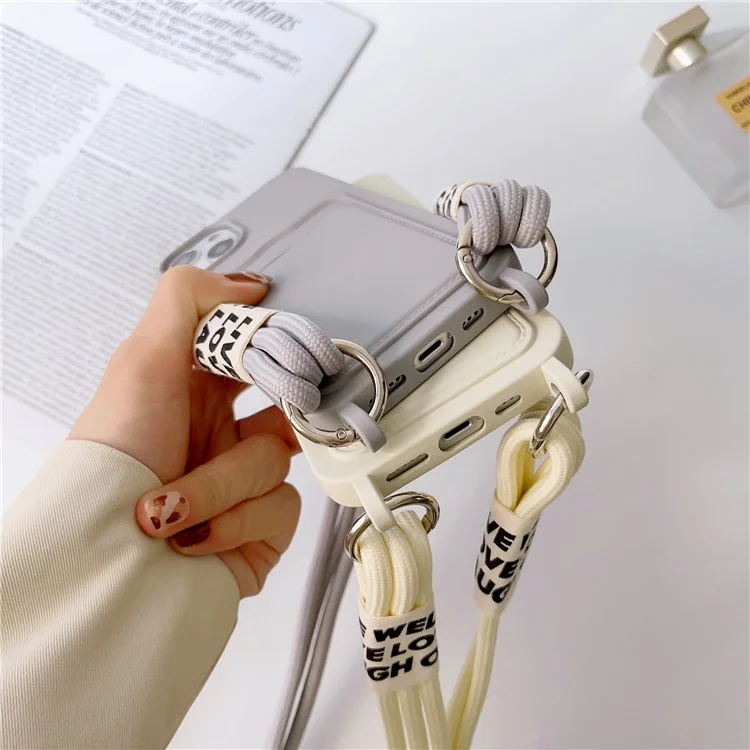 For iPhone 15 Card Holder Phone Case Soft Liquid Silicone Shockproof Cover with Strap - Grey