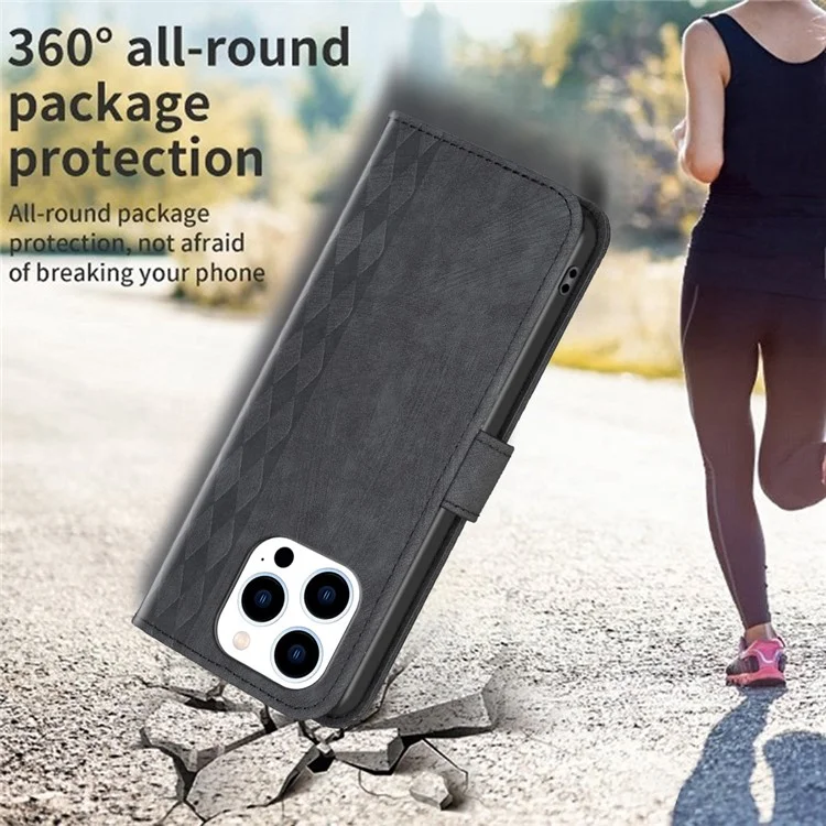 Pour iPhone 15 Plus Fermoir magnétique Rhombus Imprinted PU Leather Case Stand Wallet Phone Cover - Noir