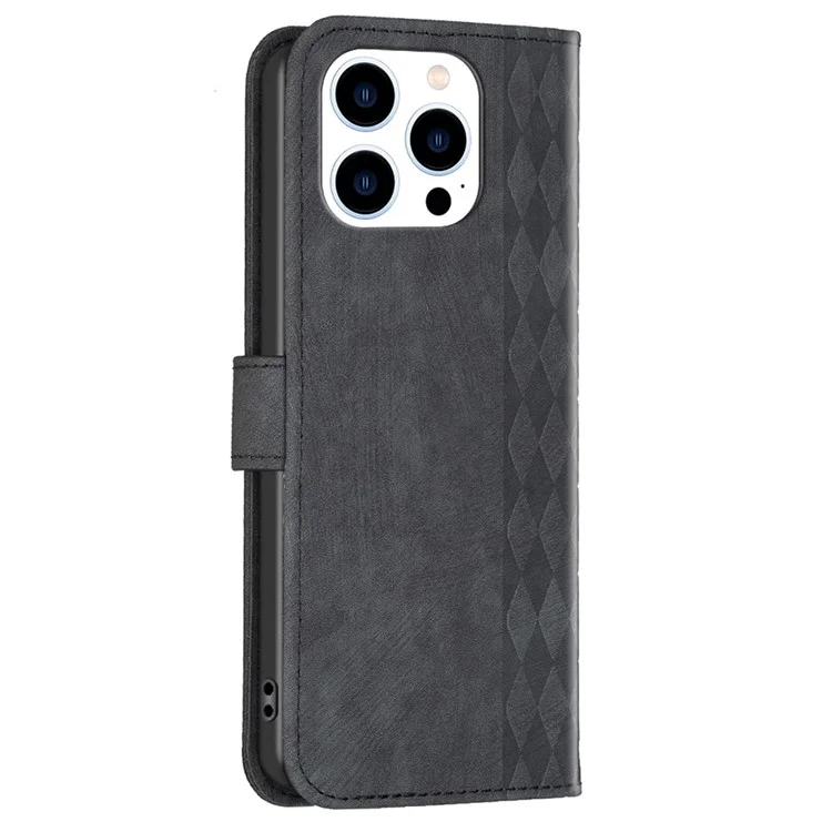 Pour iPhone 15 Plus Fermoir magnétique Rhombus Imprinted PU Leather Case Stand Wallet Phone Cover - Noir
