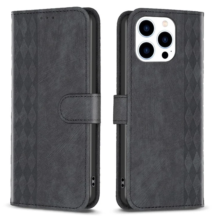 For iPhone 15 Rhombus Imprinted PU Leather Case Foldable Stand Wallet Phone Cover - Black