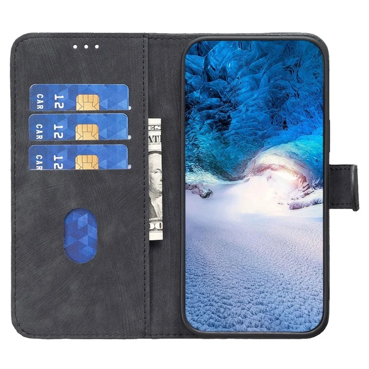 For iPhone 15 Rhombus Imprinted PU Leather Case Foldable Stand Wallet Phone Cover - Black