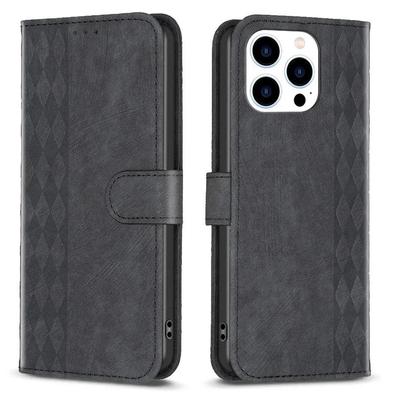 For iPhone 15 Pro Rhombus Imprinted PU Leather Case Fall Protection Stand Wallet Phone Cover - Black