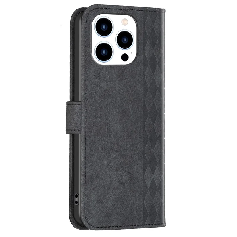 For iPhone 15 Pro Rhombus Imprinted PU Leather Case Fall Protection Stand Wallet Phone Cover - Black