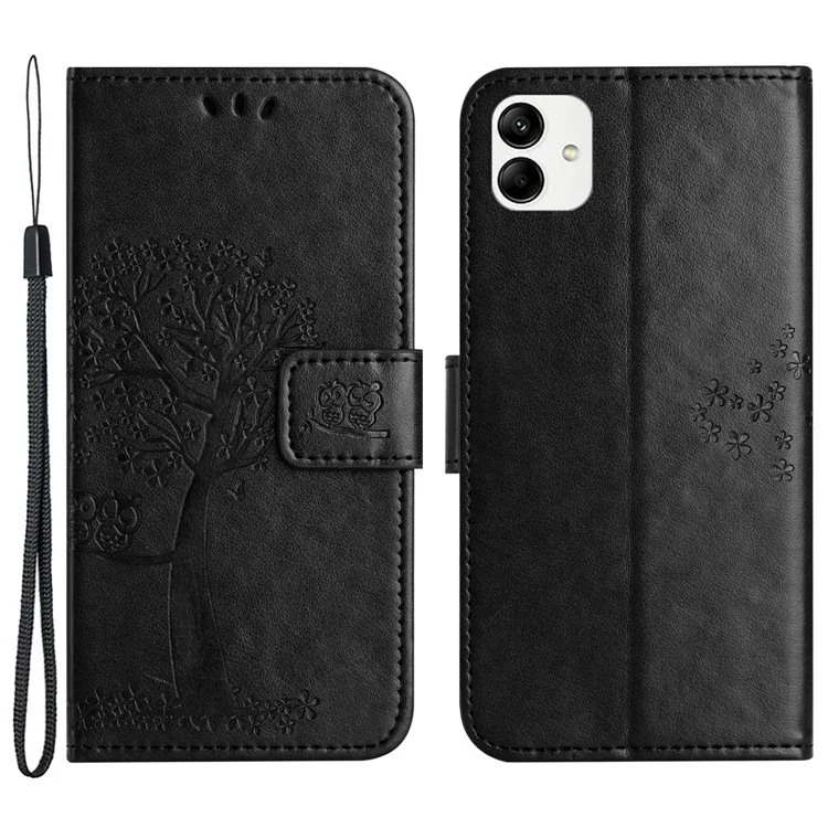 For Motorola Moto G14 4G Owl Tree Imprinted Phone Cover PU Leather Stand Wallet Case - Black