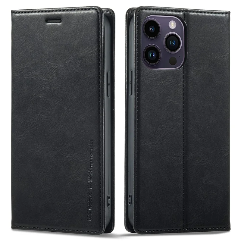 LC.IMEEKE For iPhone 15 Pro Max RFID Blocking Leather Phone Case Stand Wallet Cover - Black