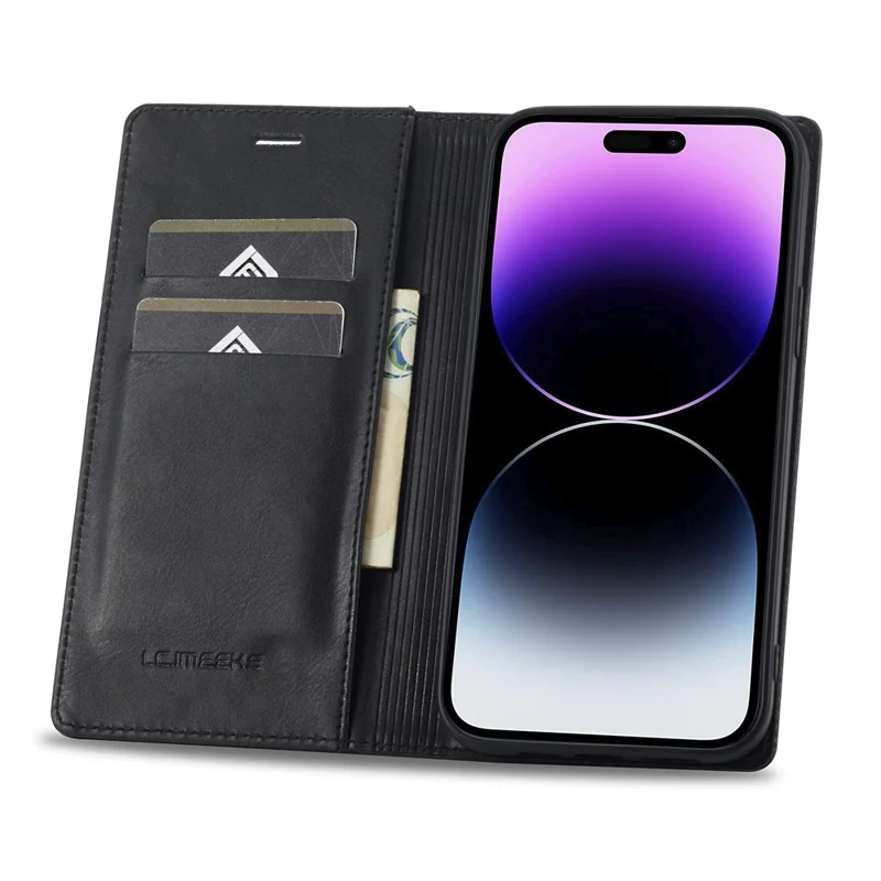 LC.IMEEKE For iPhone 15 Pro Max RFID Blocking Leather Phone Case Stand Wallet Cover - Black