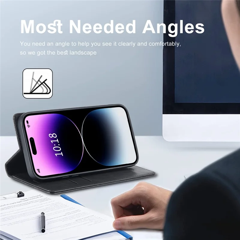 LC.IMEEKE For iPhone 15 Pro Max RFID Blocking Leather Phone Case Stand Wallet Cover - Black