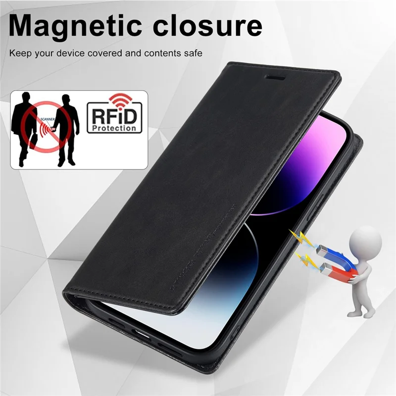 LC.IMEEKE For iPhone 15 Pro Max RFID Blocking Leather Phone Case Stand Wallet Cover - Black