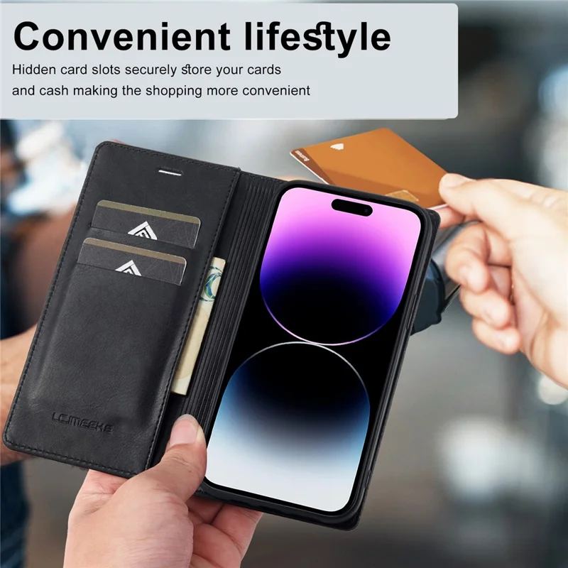 LC.IMEEKE For iPhone 15 Pro Max RFID Blocking Leather Phone Case Stand Wallet Cover - Black