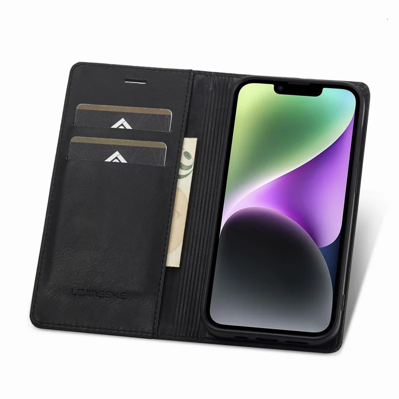 Capa Carteira de Telefone LC.IMEEKE para iPhone 15 Plus, Bloqueio RFID de Couro Sintético com Suporte - Preto